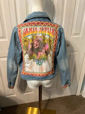 Janis Joplin Back Upcycled Graphic w/Crotchet Border on W Sz. Lg Denim Jacket